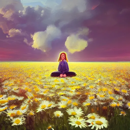 Prompt: giant daisies flower as head, girl sitting in a flower field, surreal photography, sunrise, dramatic light, impressionist painting, colorful clouds, digital painting, artstation, simon stalenhag