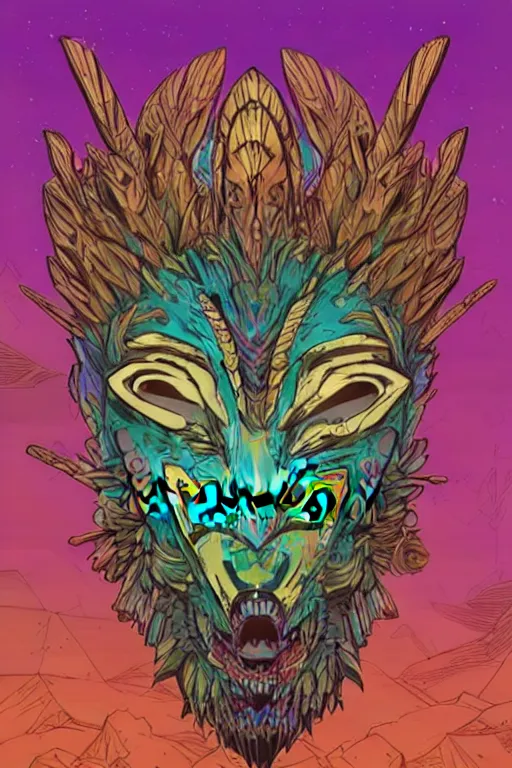 Image similar to totem animal mask tribal feather gemstone plant wood rock shaman vodoo video game vector illustration vivid multicolor borderlands comics by josan gonzales and dan mumford radiating a glowing aura