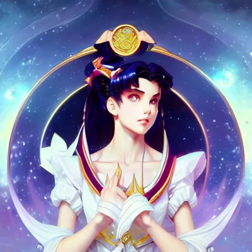 Image similar to Sailor Moon, fantasy, intricate, elegant, highly detailed, digital painting, artstation, concept art, matte, sharp focus, illustration, art by Artgerm and Greg Rutkowski and Alphonse Mucha