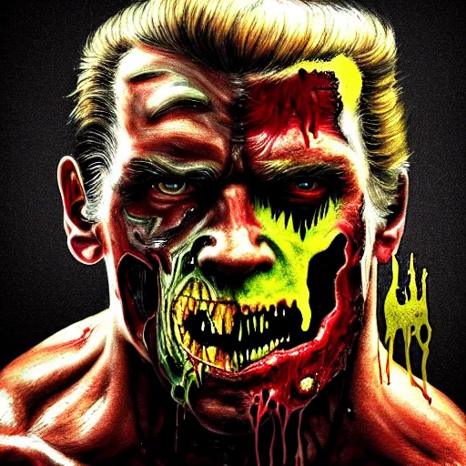 Prompt: eighties arnold schwarzenegger as a flesh eating zombie with cuts on face and yellow teeth, 7 days to die zombie, fine art, award winning, intricate, elegant, sharp focus, cinematic lighting, highly detailed, digital painting, 8 k concept art, art by guweiz and z. w. gu, masterpiece, trending on artstation, 8 k
