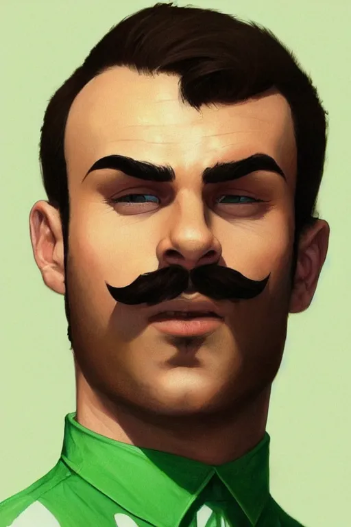 Image similar to gigachad luigi wearing a green shirt and blue overalls by ilya kuvshinov, bodybuilder ernest khalimov, super mario bros symmetrical face concept art, hyper realistic, intricate, elegent, highly detailed, digital painting, concept art, smooth, sharp, focus, illustration, art by artgerm and greg rutkowski and alphonse mucha, artstation