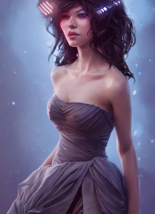 Image similar to beautiful fashion goddness, strapless dress, character portrait in the style of thomas river and artgerm, wlop, cinematic lighting, hyperdetailed, 8 k realistic, symmetrical, global illumination, radiant light, halo, love and mercy, frostbite 3 engine, cryengine, dof, trending on artstation, digital art, chanel