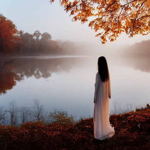 Prompt: a ghostly woman in a white dress rising from a misty lake dripping wet, high resolution photograph, autumn, sunrise, eerie light