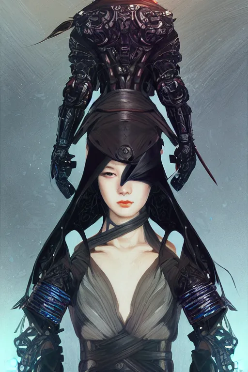 Image similar to portrait Ninja gaiden girl, armored black and blue ninja wardrobe, in ruin japanese rainny temple night, ssci-fi and fantasy, intricate and very very beautiful and elegant, highly detailed, digital painting, artstation, concept art, smooth and sharp focus, illustration, art by tian zi and WLOP and alphonse mucha