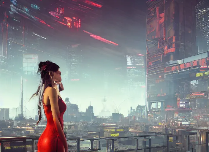 Image similar to mysterious sad rotten girl wrapped in smoke and a red dress is observing a big industrial city metropoli in the distance, cloudy sky, cyberpunk 2 0 7 7