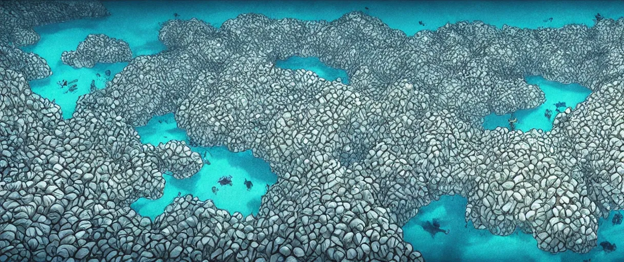Prompt: a beautiful detailed ink drawing of a swarm of a Golden Corral built on top of the Great Barrier Reef | graphic novel:.1 | unreal engine:.5