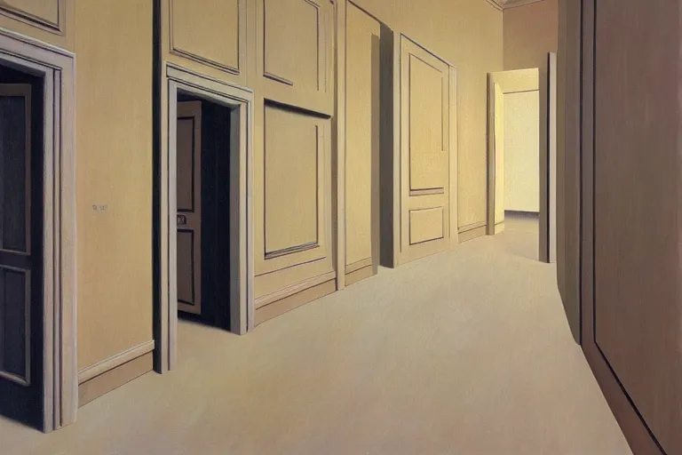 Image similar to hallway of doors by rene magritte, detailed painting, hd, hq, high resolution, high detail, 4 k, 8 k