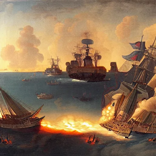 Prompt: oilpainting of a naval battle in 1742, with a ship on fire, and a ufo in the sky n-4