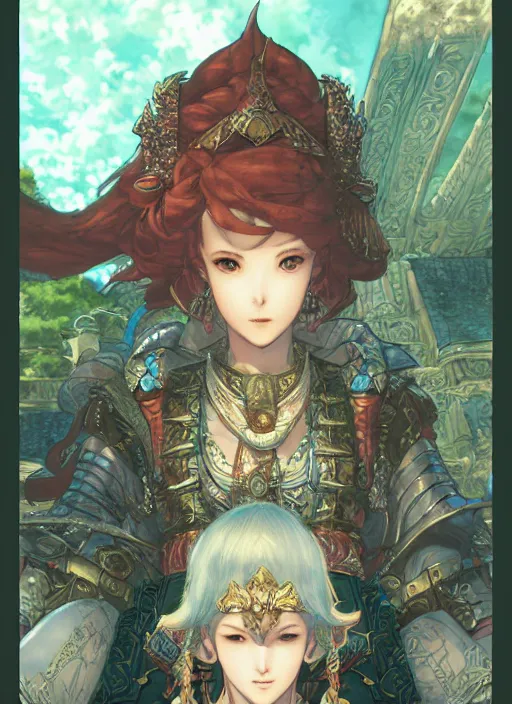 Prompt: character portrait of the pearl herald at the sky temple, hidari, color page, tankoban, 4K, tone mapping, Akihiko Yoshida.