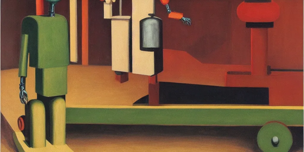 Image similar to robot with a beak dispensing icing onto cupcakes on a conveyor belt, grant wood, pj crook, edward hopper, oil on canvas