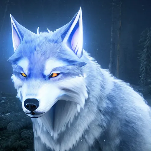 Image similar to a giant blue wolf with a white main and two unicorn horns, a white star shape on his forehead, yellow eyes, beautiful, ultra realistic, great wolf, unreal engine 5, dynamic lighting, highly detailed, lightning around