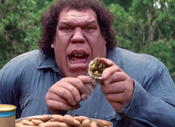 Image similar to film still of Andre the Giant eating a can of beans in the new Lethal Weapon movie, 4k