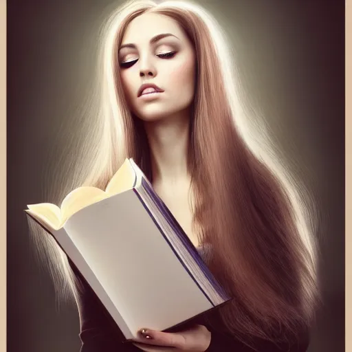 Image similar to a girl reading a book, hair flowing down, symmetric!, 8 k, hyperrealistic, hyperdetailed, fantasy portrait by laura sava