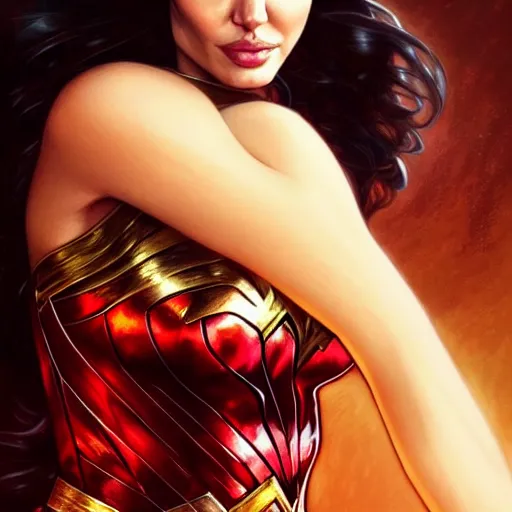 Prompt: Beautiful Angelina Jolie as Wonder Woman, western, D&D, fantasy, intricate, elegant, highly detailed, digital painting, artstation, concept art, matte, sharp focus, illustration, art by Artgerm and Greg Rutkowski and Alphonse Mucha