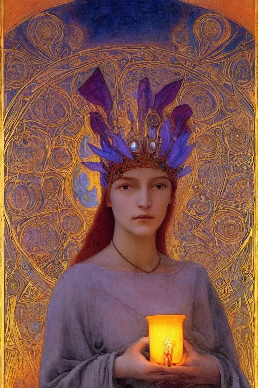 Image similar to queen of the dawn with her lantern, by Annie Swynnerton and Nicholas Roerich and jean delville, dramatic cinematic lighting , ornate headdress , flowing robes, lost civilizations, extremely detailed