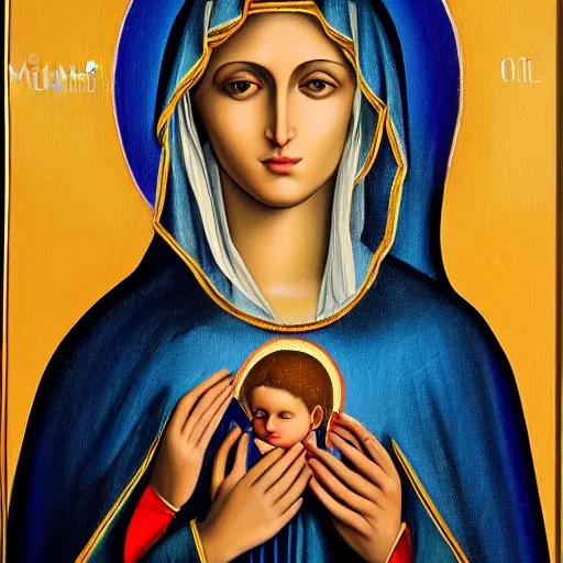 Image similar to Madonna Ciccone as the Virgin Mary, oil painting, high detail, beautiful