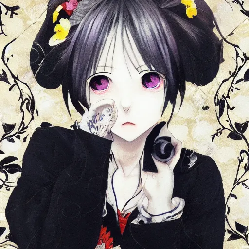 Image similar to realistic illustration of an anime girl with short white hair and black eyes wearing tuxedo in the style of yoshitaka amano, floral black and white patterns on the background, noisy film grain effect, highly detailed, Renaissance oil painting