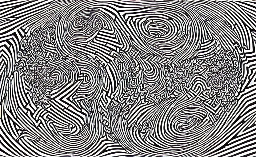 Image similar to intricate maze linework highly detailed optical illusion escher