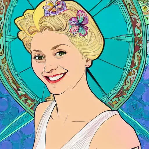 Image similar to portrait of a blonde, happy, laughing, beautiful, danish scrum master. she is looking a you with loving, calm eyes. the background is colorful and inspired by alphonse mucha