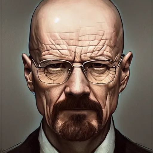 Image similar to Beautiful portrait of Walter White, wide angle, intricate, wild, highly detailed, digital painting, artstation, concept art, smooth, sharp focus, illustration, art by artgerm and greg rutkowski and alphonse mucha - W 768