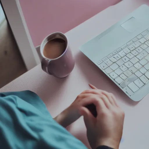 Prompt: a photograph of a person sitting at a desk, looking at laptop, dimly lit bedroom, hot cocoa drink on desk, professional photography, pastel tones, 4 k, 8 k