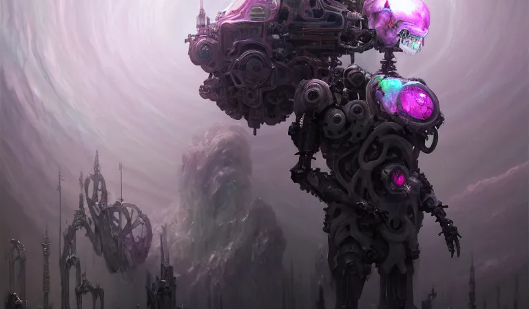 Image similar to muted ombre matte painting beautiful sinister alabaster neogothic skullpunk spirit doctor, tending to the iridescent enchanted intergalactic mecha garden, man machine chimeric beholder polyphemous power crystals psychotropic frequencies singularity artgerm wlop james jean andrei riabovitchev marc simonetti yoshitaka amano artstation, cgsociety