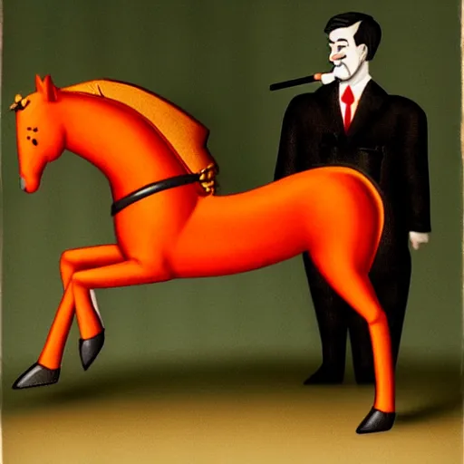 Image similar to an antropomorphic horse wearing a suit smoking a cigar