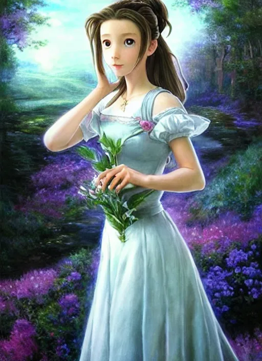 Image similar to elegant Aerith Gainsborough looks intently at you in wonder, dressed in school uniform. ultra detailed painting at 16K resolution and epic visuals. epically surreally beautiful image. amazing effect, image looks crazily crisp as far as it's visual fidelity goes, absolutely outstanding. vivid clarity. ultra. iridescent. mind-breaking. mega-beautiful pencil shadowing. beautiful face. Ultra High Definition. process twice.