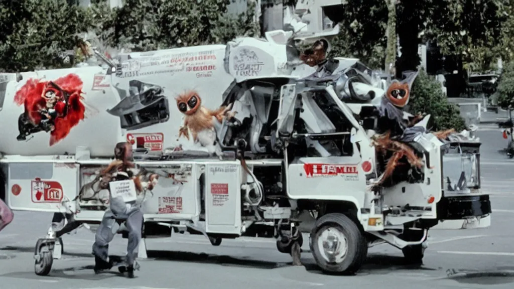 Image similar to Hyperreal Gremlins explode from ejector seats in self aware tokenised milk trucks in downtown silicon valley, film still from banned media Gremlins 3 New World Order, directed by REDACTED circa 1992 | text reads \'Gremlins 3 New World Order\' | Gremlins