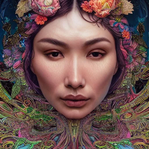 Image similar to portrait of gemma chan, hyper detailed masterpiece, neon floral pattern, jean giraud, digital art painting, darkwave goth aesthetic, psychedelic, artgerm, donato giancola and tom bagshaw