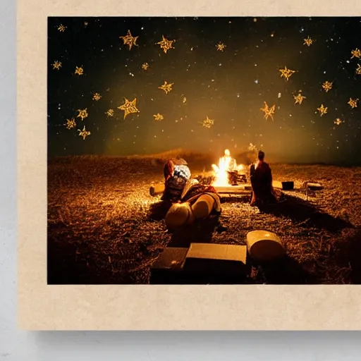 Image similar to a comfy crackling outdoor campfire in front of a very dark background of yellow illustrated stars, astrophotography, warm muted colors, cut paper photo collage with photograph and illustration