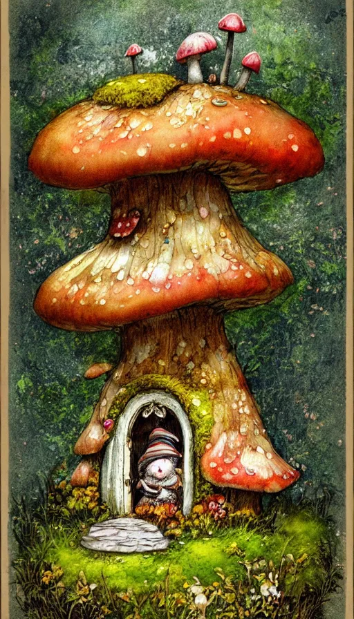 Image similar to extra beautiful colorful whimsical storybook style full page antique ornate lithograph of moss, fungus, mushroom and flower covered knome hobbit giant mushroom cozy home with door and windows by Jean-Baptiste Monge, post processing, painterly, book illustration watercolor granular splatter dripping paper texture. Trending on artstation, post processing, pen and ink work. sharp focus.