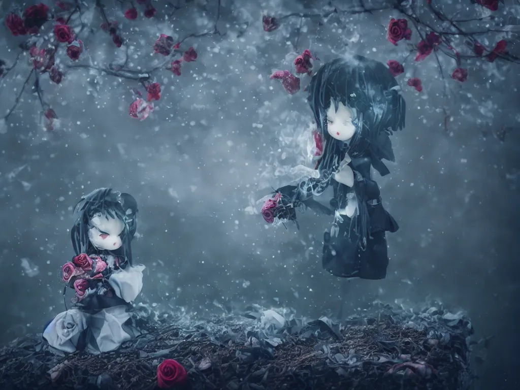 Image similar to cute fumo plush of a gothic maiden girl clutching lots of decayed roses, stale twilight, swirling vortices of emissive smoke and volumetric fog over the river, bokeh, vignette, vray