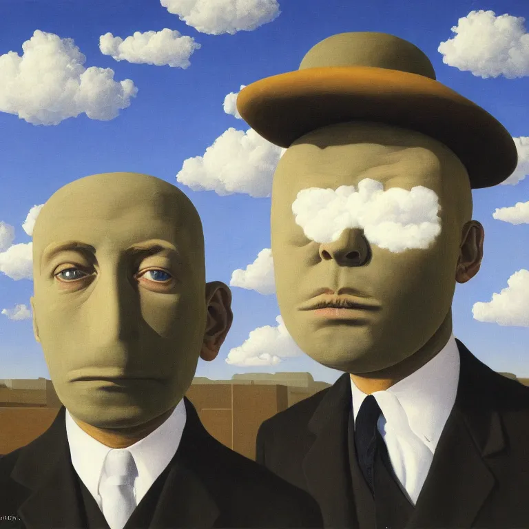 Image similar to portrait of a faceless sack - head man in a suit, clouds in the background, by rene magritte, detailed painting, distance, centered, hd, hq, high resolution, high detail, 4 k, 8 k