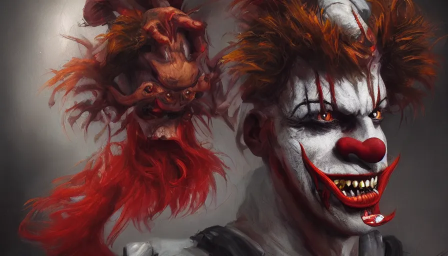 Image similar to portrait of a demonic clown, cinematic shot, aaa game concept art oil painting by jama jurabaev, extremely detailed, brush hard, artstation, high quality, brush stroke