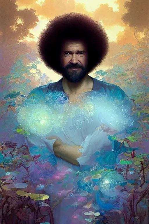 Image similar to bob ross, dreamy and ethereal,, fantasy, intricate, elegant, rainbow bubbles, highly detailed, digital painting, artstation, concept art, smooth, sharp focus, illustration, art by artgerm and greg rutkowski and alphonse mucha