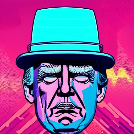 Image similar to caricature of donald trump wearing a polygon walter white hat, synthwave synthwave synthwave synthwave