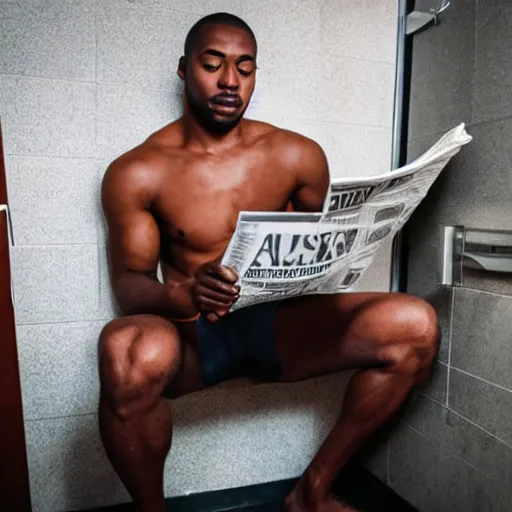 Image similar to a black male with muscle sitting on a toilet reading newspaper