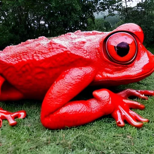 Image similar to a giant red frog as big as a building