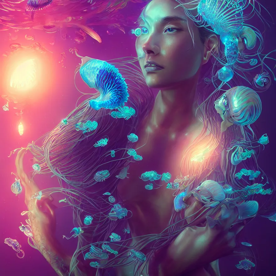 Image similar to goddess close-up portrait. orchid jellyfish phoenix head, nautilus, skull, betta fish, bioluminiscent creatures, intricate artwork by Tooth Wu and wlop and beeple. octane render, trending on artstation, greg rutkowski very coherent symmetrical artwork. cinematic, hyper realism, high detail, octane render, 8k