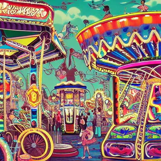 Image similar to crazy funfair ride, extremely detailed, sharp focus, wide view, full body shot, smooth, digital illustration, by james jean, by rossdraws, frank franzzeta, mcbess, sakimichan