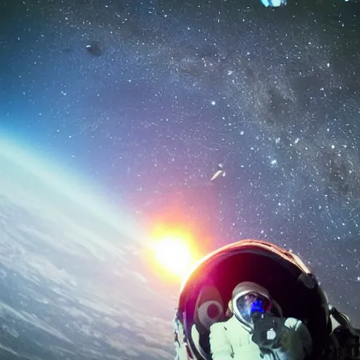 Prompt: Go pro photography of an astronaut that had been ejected from the spacecraft in orbit , high detailed galaxy in the back ground , earth in the distance