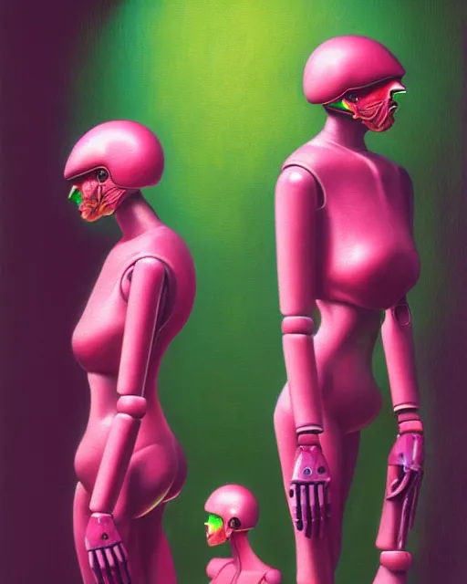 Image similar to hyperrealistic postmodern mechanical iridescent pink humanoids performing concept art santiago caruso de chirico sharp very dramatic green light 8k low angle shallow depth of field