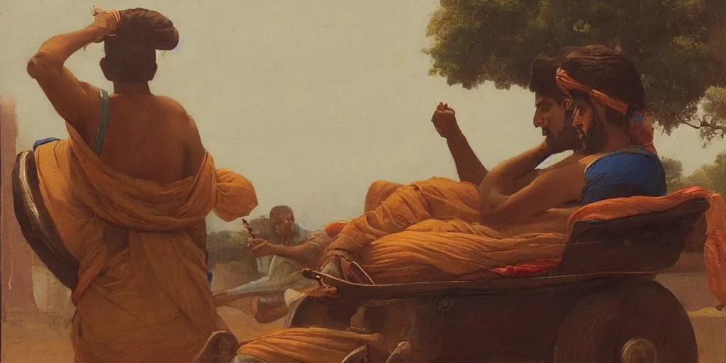 Image similar to man driving a car in the style of raja ravi varma, high detail, realism, national gallery of delhi