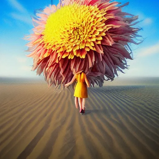 Image similar to closeup giant dahlia flower face, girl walking between dunes, surreal photography, sunrise, blue sky, dramatic light, impressionist painting, digital painting, artstation, simon stalenhag