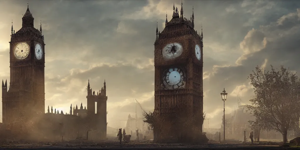 Image similar to a destroyed clock tower in a destroyed London at sunrise, ruins, clouds in the sky, concept art, octane render, unreal engine 5, trending on Artstation, high quality, 8K, soft lighting, highly detailed, trending on DeviantArt, mossy, apocaliptic, serene landscape, beautiful, cgsociety, godrays, path traced