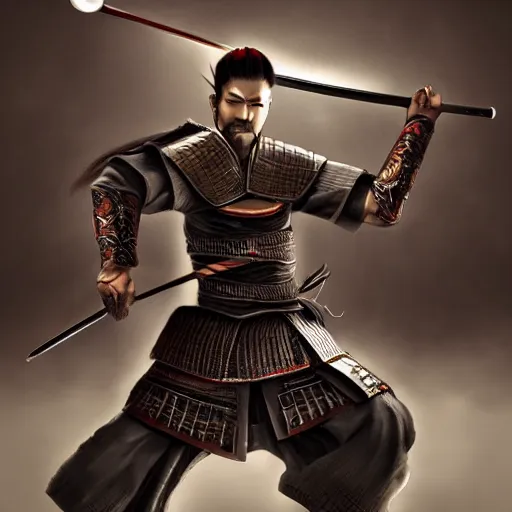 Prompt: fantasy style samurai, in a photorealistic style, doing a sparing pose, dynamic lighting, 8k, art station, devian art