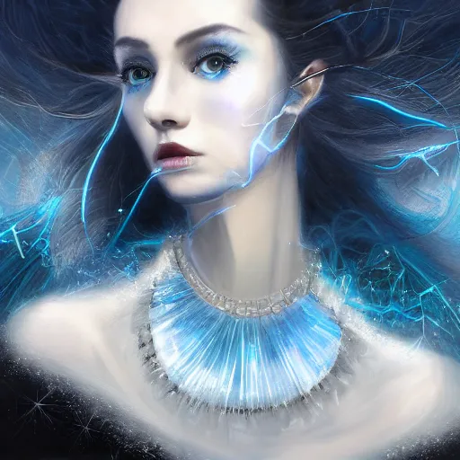 Image similar to masterpiece portrait of an aesthetic elegant mage woman, ice spell, 3 0 years old woman, black dynamic hair, wearing silver diadem with blue gems inlays, silver necklace, painting by joachim bergauer and magali villeneuve, atmospheric effects, chaotic blue sparks dynamics in the background, intricate, artstation, instagram, fantasy