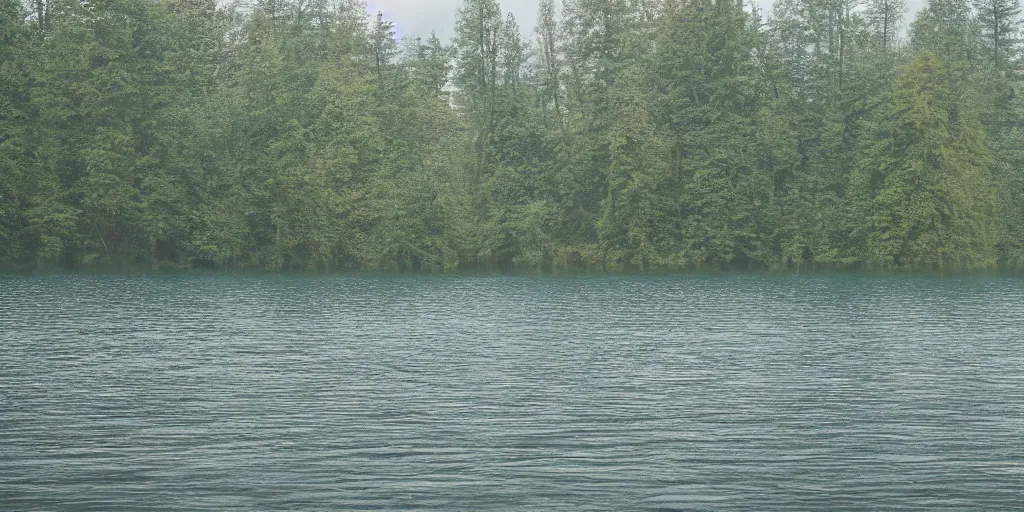 Image similar to an long rope zig - zagging across the surface of the water into the distance, floating submerged rope stretching out towards the center of the lake, a dark lake on an overcast day, atmospheric, color film, trees in the background, 4 k photo, anamorphic lens