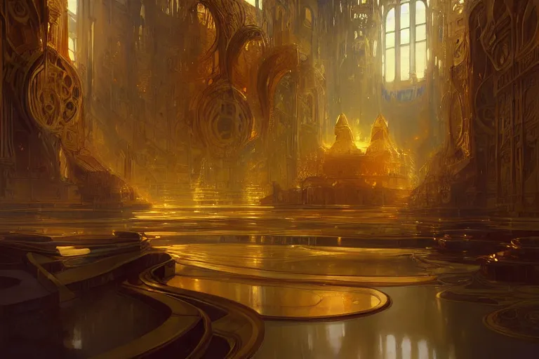 Image similar to a background matte painting for a high tech science fiction religious room with chambers of bubbling liquid gold intricate digital painting artstation concept art smooth sharp focus illustration, art by artgerm and paul chadeisson and greg rutkowski and alphonse mucha